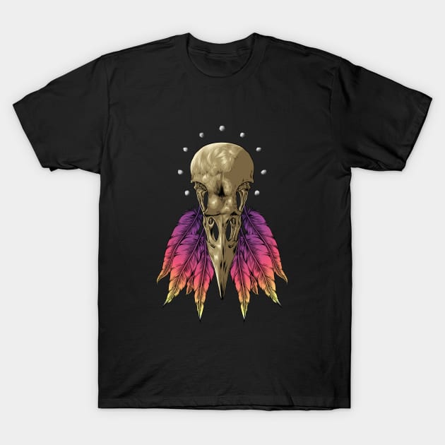 Raven skull with colorful feathers - Goblincore T-Shirt by Modern Medieval Design